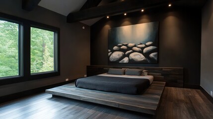 Wall Mural - Modern bedroom with dark wood platform bed, large artwork, and windows.