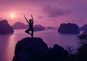 Wall Mural - elegant woman standing on a rocky shore and looking at the beautiful sea at sunset