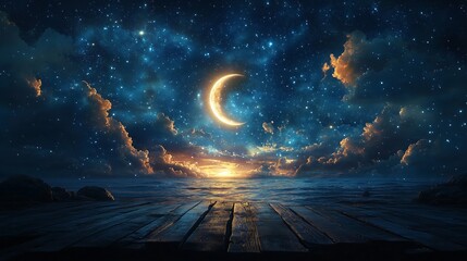 night sky with stars and a crescent moon in the background, with wooden flooring in the foreground. 