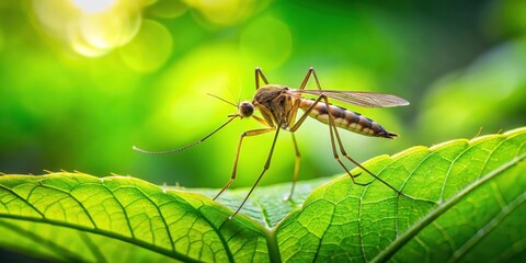 Wall Mural - In a serene forest, a mosquito lies still on a large leaf, its slender body blending with the green foliage, forest, leaf