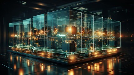 Canvas Print - A computer chip is shown in a dark room with a city view