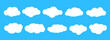 © vika_k - Empty comic clouds on blue sky background. Cartoon cloud shapes set for icon, poster, banner, label, badge, tag, logo, decoration. White blank speech bubble collection. Textbox claud bundle. Vector