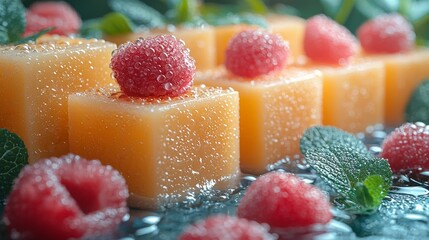 Wall Mural - Delicious mango cubes topped with fresh raspberries and mint