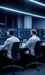 Wall Mural - focused data analysts in modern office working with multiple computer screens for tech analysis and 