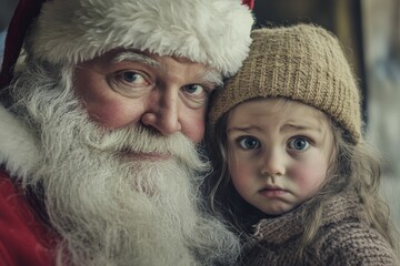 Wall Mural - Lively xmas, Ñute child girl melancholic with santa claus. Christmas commercial creative artwork for poster and social apps use. Santa claus happy christmas. Christmas snowy ads. Xmas photo ad.