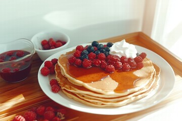 Wall Mural - Delicious Pancakes with Fresh Berries and Syrup Drizzle by Generative AI