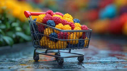 Poster - Mini shopping cart filled with fresh berries outdoors