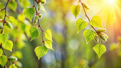 Close up of fresh birch tree leaves blooming in the spring , birch, tree, leaves, green, spring, nature, close up, foliage, fresh