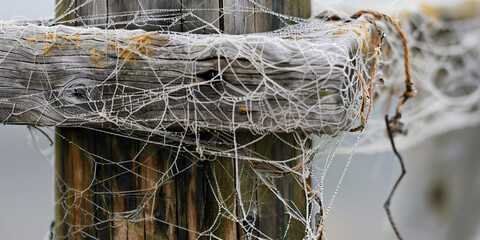 Frost-Covered Spiderwebs on Wooden Post