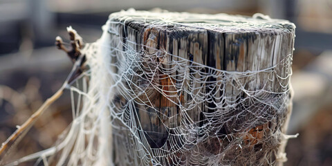 Dew-Covered Spiderweb on Wooden Post