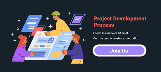 Project development process teamwork concept colorful characters collaborating on digital interface dark background website design