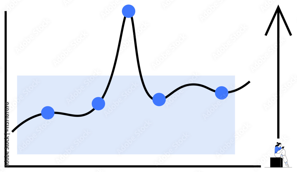 Scale Inwards Graph Chart Character scales upward on a line graph with five blue data points ...