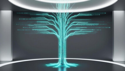 conceptual digital tree made of glowing binary code streams symbolizes AI growth and intelligence in sleek, modern environment