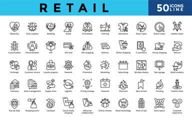 Retail icons set with maternity, party supplies, wedding, bridal, formalwear ,tailoring, alterations, shoes repair, watch repair icon. Simple line vector