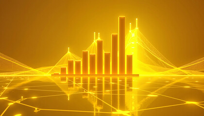 Wall Mural - abstract data visualization with glowing yellow bar chart and network connections on a reflective su