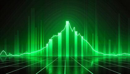 Wall Mural - dynamic green financial chart with peaks and valleys on a dark background and copy space