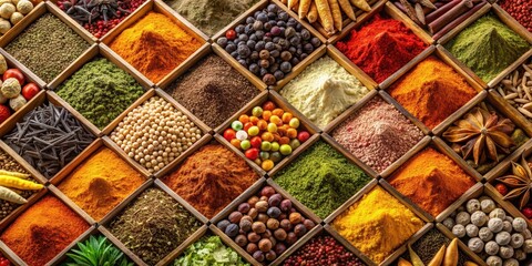 Assorted spices arranged in a geometric pattern for display, spices, peppercorns, paprika, display, arrangement, food