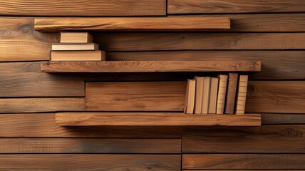 Wall Mural - A rustic wooden shelf display holds books against a wooden wall, creating a warm and inviting reading atmosphere.