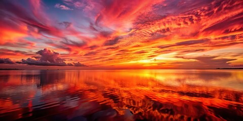 Wall Mural - Landscape of stunning red sky sunset over the sea with red clouds reflected in the water, Nature, background, sunset, landscape