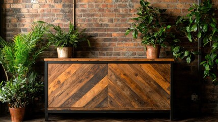 Wall Mural - A rustic wooden cabinet against a brick wall, adorned with lush green plants in pots, creating a cozy and inviting atmosphere.