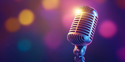 Aufkleber - Vintage microphone shines on stage with colorful bokeh background