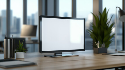 Poster - Modern desktop computer showing blank screen in stylish office with city view