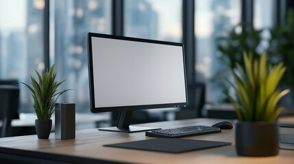 Poster - Modern workplace setup showing computer screen with plants and city view
