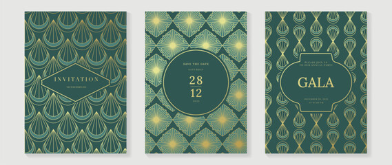 Wall Mural - gala invitation luxury pattern cover vector set. golden elegant wavy gold line pattern on sage green