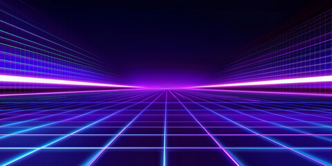 Perspective grid floor with bright purple and blue neon lights creating a futuristic corridor