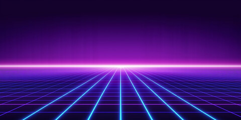 Aufkleber - Neon retro synthwave grid creating an endless perspective in digital world