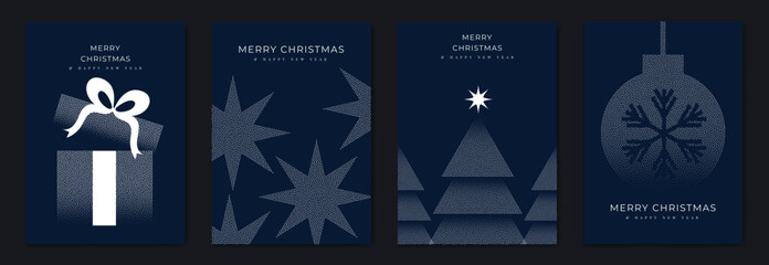 Merry Christmas and Happy New Year greeting card vector set. Luxury invitation with Christmas tree, bauble, gift, spot texture on navy blue background. Design illustration for season's card, ads. 