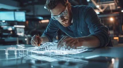 Wall Mural - A focused engineer examines a holographic design in a modern workspace, showcasing innovation and advanced technology.