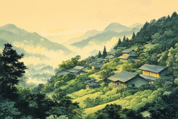 Wall Mural - Serene village nestled in misty mountains; traditional houses dot hillsides, creating a tranquil scene. Ideal for travel, nature, or cultural projects emphasizing peace and serenity.