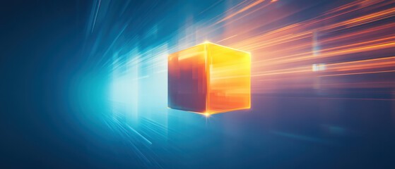 Wall Mural - abstract illustration of light beams and glowing cube in motion, creating sense of speed and energy.