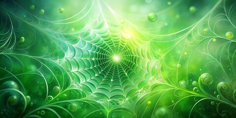 An intricate web of delicate lines creates a swirling, luminous pattern against a vibrant green backdrop, with scattered orbs adding a touch of ethereal beauty.