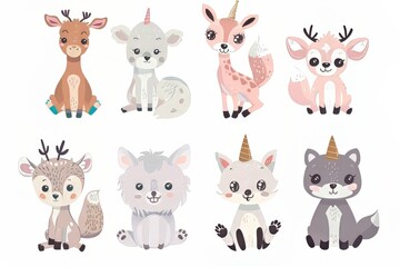  Cute cartoon animals featuring unicorn horns in a playful illustration.