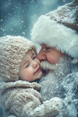 Wall Mural - Cheerful yuletide, Ñute baby girl bawling with santa claus. Christmas digital ads creative artwork for magazine ad and online use. Winter sales ads. Festive smiles campaigns. Xmas ad campaigns.