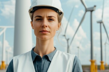 Wall Mural - A confident woman in a hard hat and safety vest stands in front of wind turbines, symbolizing renewable energy and professionalism in the energy sector.