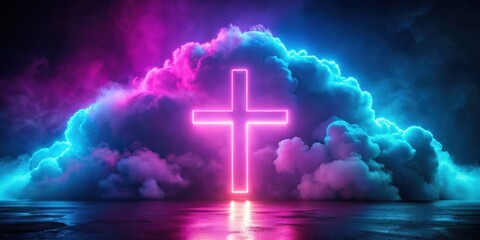 Wall Mural - render of mystical cloud and cross sign glowing with pink blue neon light on abstract background, mystical, cloud, cross