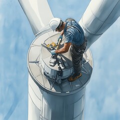 Wall Mural - A wind turbine technician performs maintenance atop a turbine, showcasing safety gear and skilled labor in a renewable energy setting.