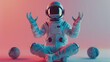 © Fitriyani - An astronaut in a white spacesuit sits in a lotus position, with his hands up, surrounded by two blue and purple planets. The background is a gradient of pink and purple.
