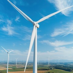 Wall Mural - A vast landscape featuring tall wind turbines against a bright blue sky, symbolizing renewable energy and sustainability.