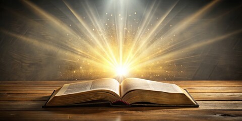 Wall Mural - Glowing open bible on wooden table with ray of light streaming through, bible, glow, holy, religion, faith, spirituality, wooden