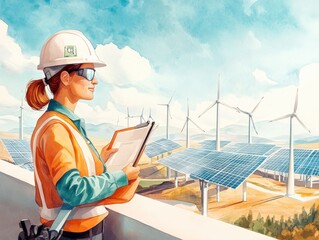 Wall Mural - A woman in safety gear inspects solar panels and wind turbines, symbolizing renewable energy and sustainable practices in an industrial landscape.