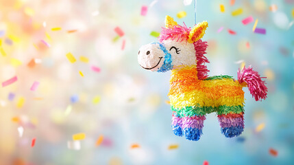 colorful and playful donkey piñata hanging against a blurred background with falling confetti, symbolizing joy, celebration, and cultural traditions during Las Posadas, a festive Hispanic holiday