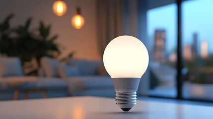a bright led light bulb on a table in a modern living room.