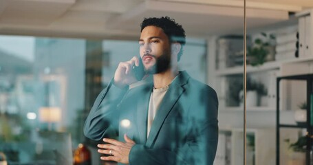 Leinwandbilder - Happy, businessman and talking with phone call at night for discussion, proposal or communication at office. Man, employee or salesman working late with mobile smartphone for business negotiation