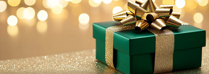 Wall Mural - Green Gift Box with Golden Bow on Sparkling Background