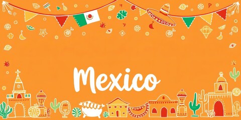 Wall Mural - Hand drawn Mexico doodle set background with orange lettering in vector, tourism, vacation