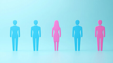 blue male figures and one pink female figure, symbolizing gender representation, individuality, and societal roles through simplicity and contrast